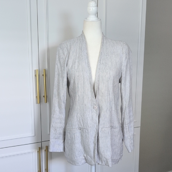 NYDJ Jackets & Blazers - NYDJ Blue And White Striped Linen-Blend Single-Button Blazer Size Small